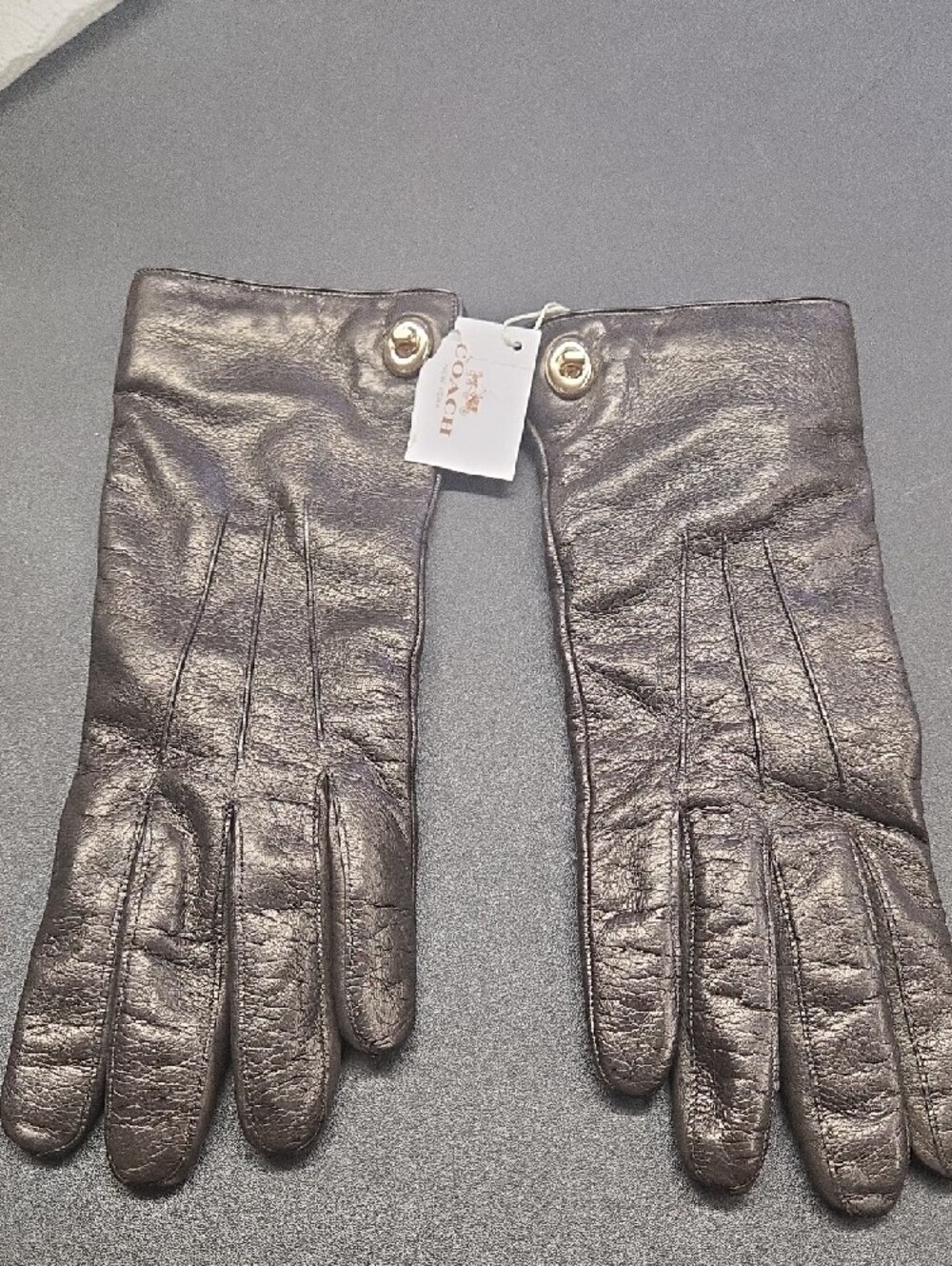 New Coach Womans Womens Brown Leather Gloves with Snap Detail - Picture 2 of 6